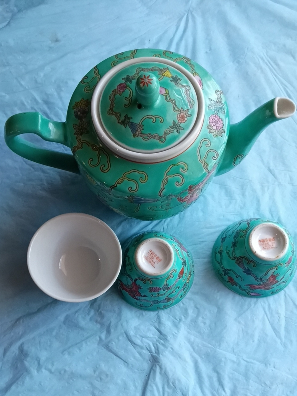 Vintage Chinese Turquoise Floral Porcelain Teapot and Cups Set